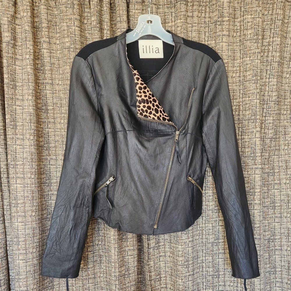 Illia Leopard Trim Black Leather Moto Jacket Sz6